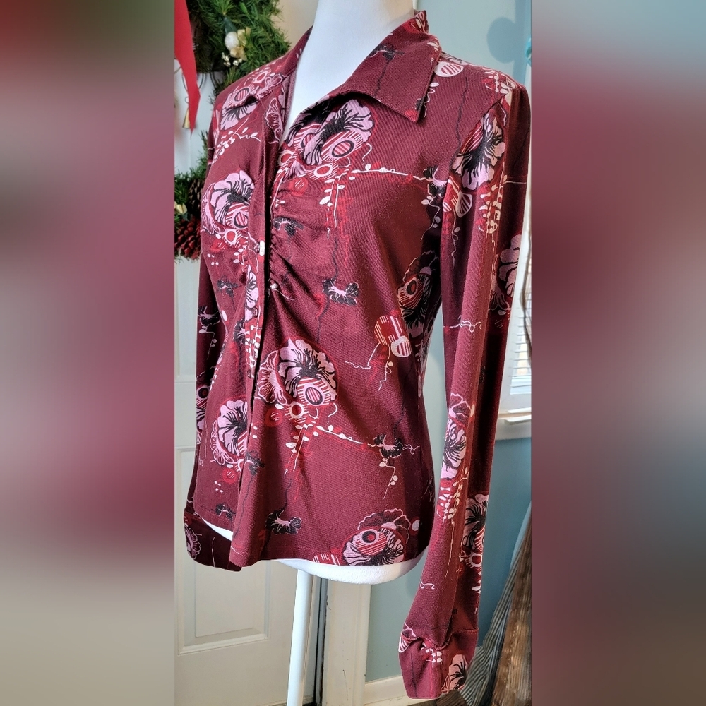 Patagonia Y2K Ruched Front Button Down Blouse Womens S Burgundy Abstract Floral